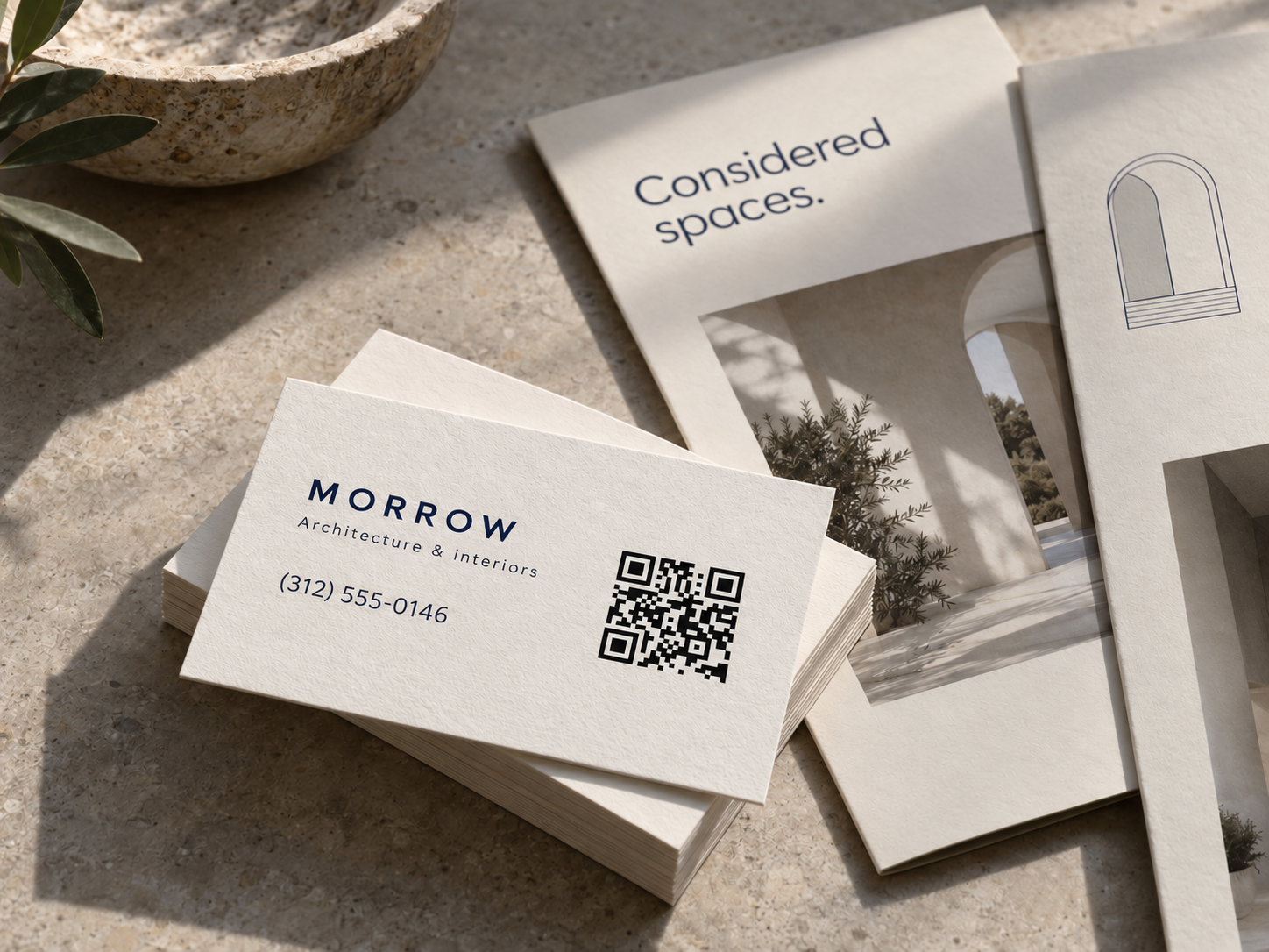 Illustrative business cards with a sample phone number and QR code