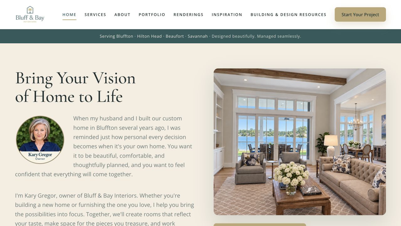Capture of Bluff & Bay’s actual homepage, showing Kary Gregor’s introduction and an interior rendering
