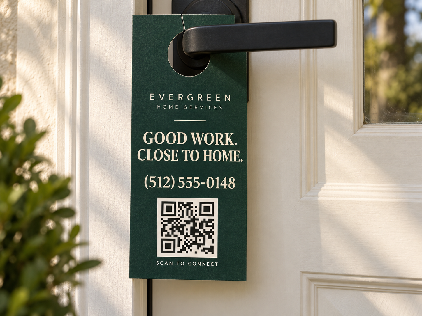 Illustrative door hanger with a sample phone number and QR code