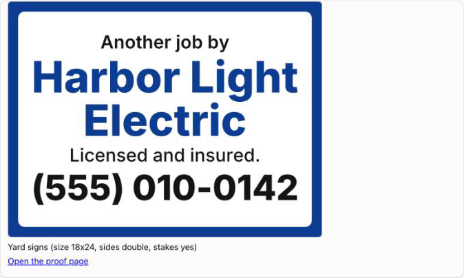 Offscreen yard sign proof in ChatGPT for the fictional Harbor Light Electric
