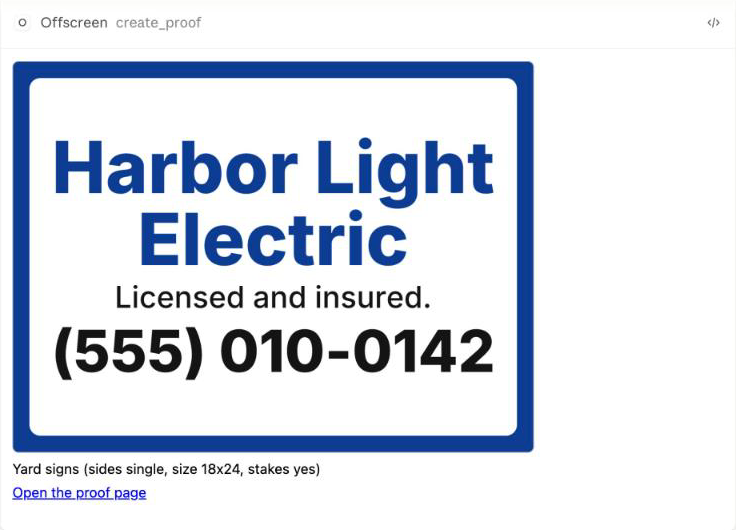 Offscreen yard sign proof in Claude for the fictional Harbor Light Electric