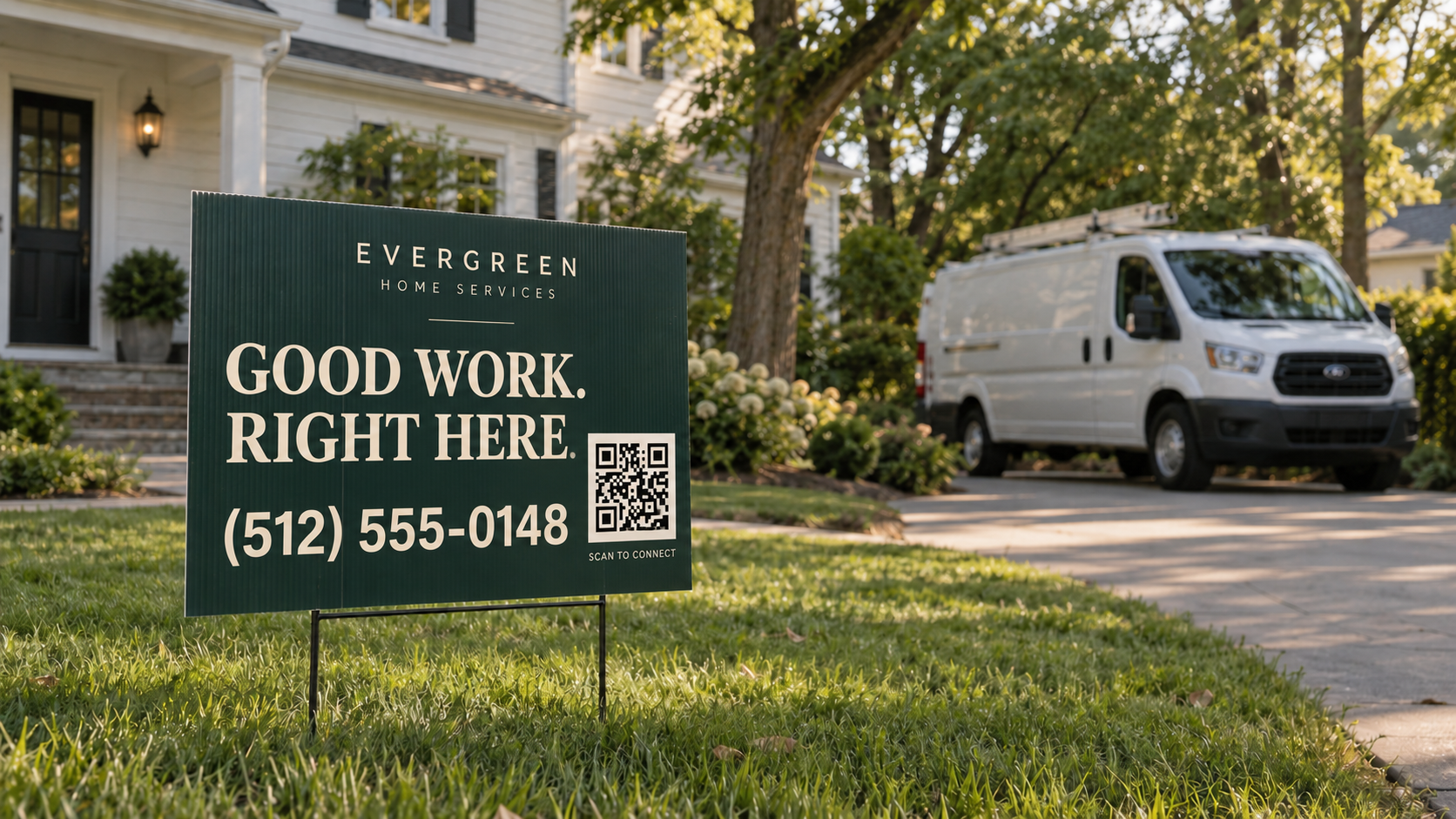 Illustrative Evergreen yard sign with a sample phone number and QR code outside a neighborhood home